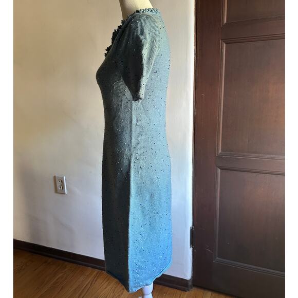 1960s VINTAGE | Unique Blue Beaded V Neck Sweater Dress | Approx size Small Med - Picture 3 of 10